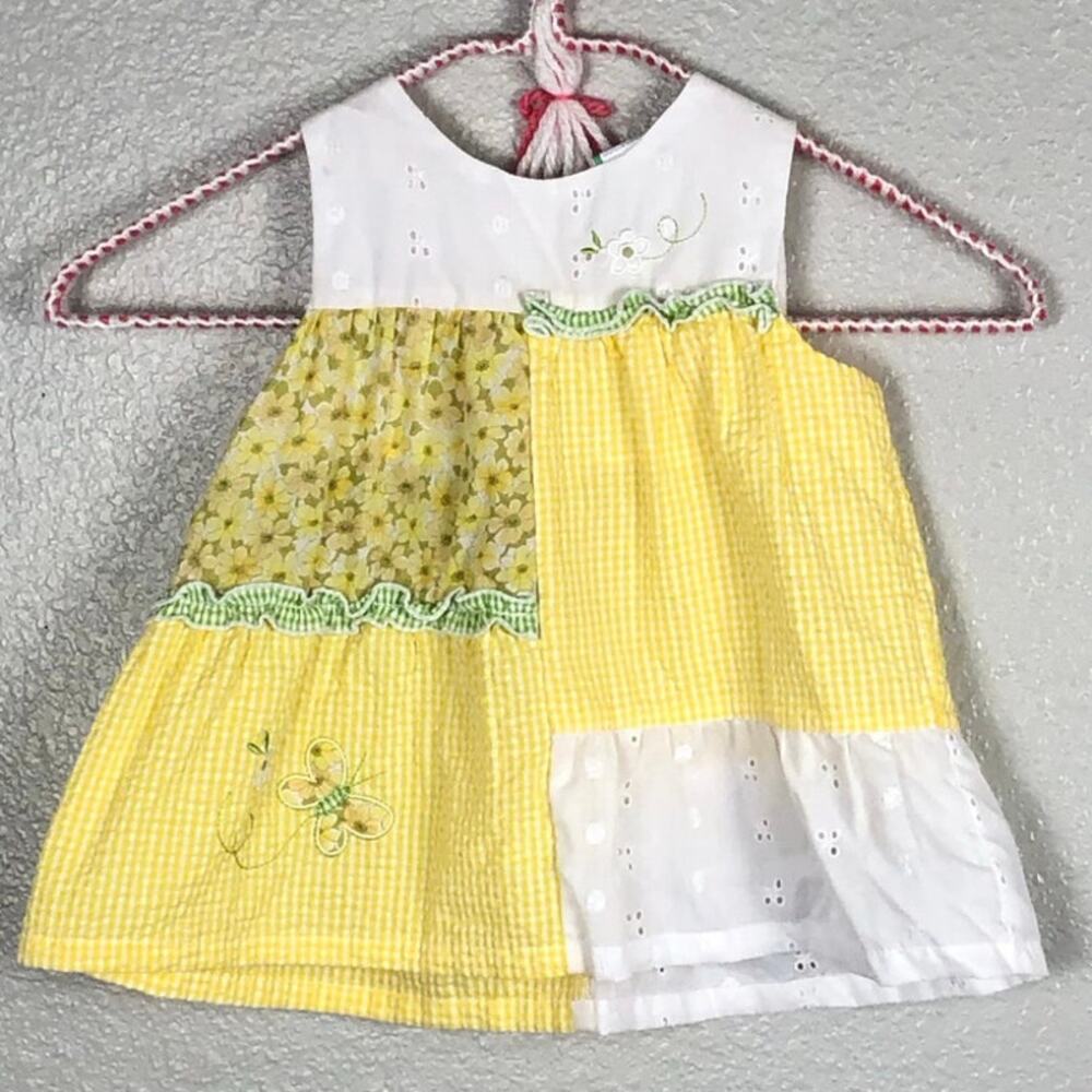 Little Bitty Size 18mos Yellow White Seersucker Patchwork Floral Dress Butterfly